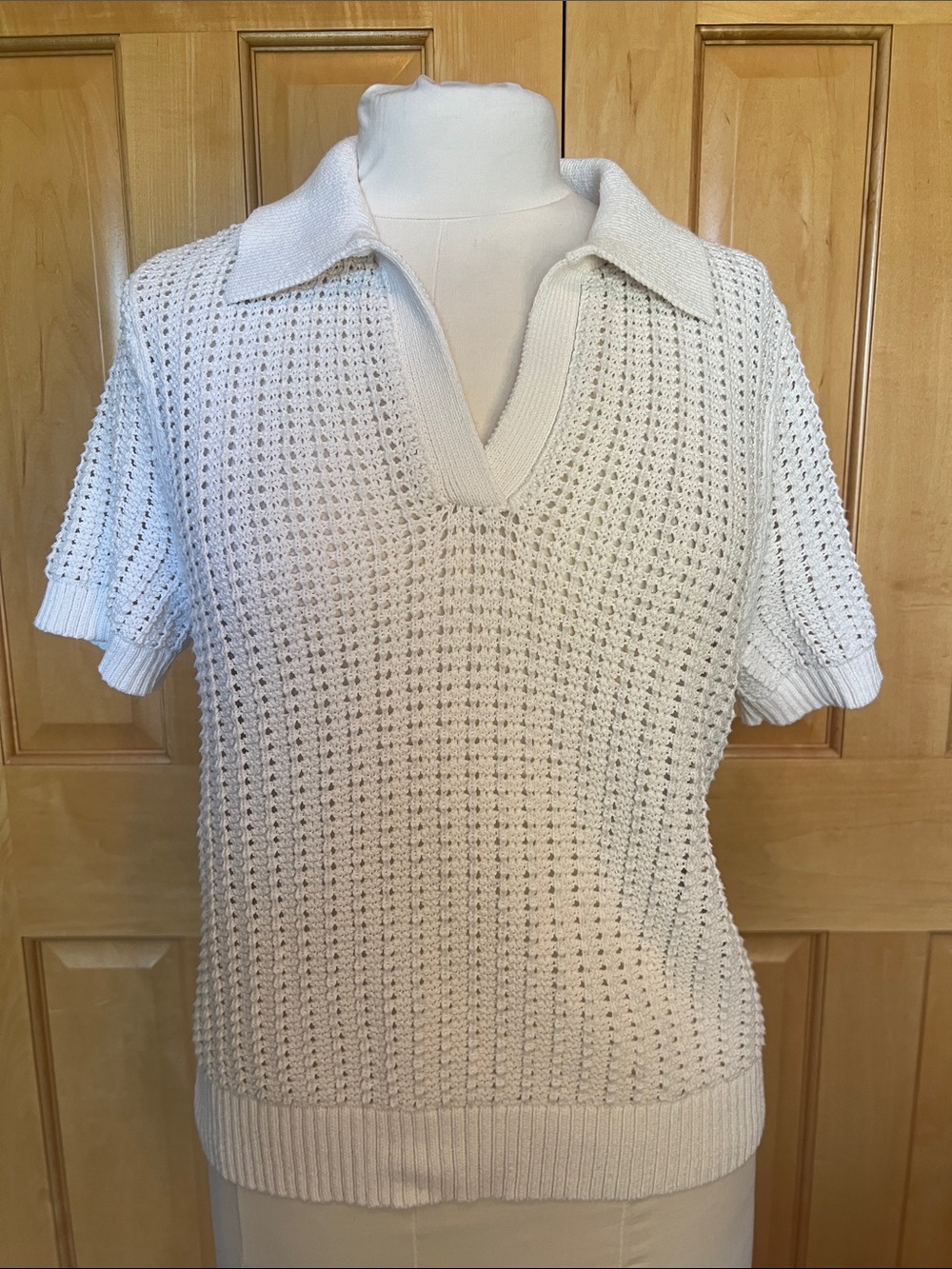 Talbots Open-Knit Short Sleeve Polo Sweater in White